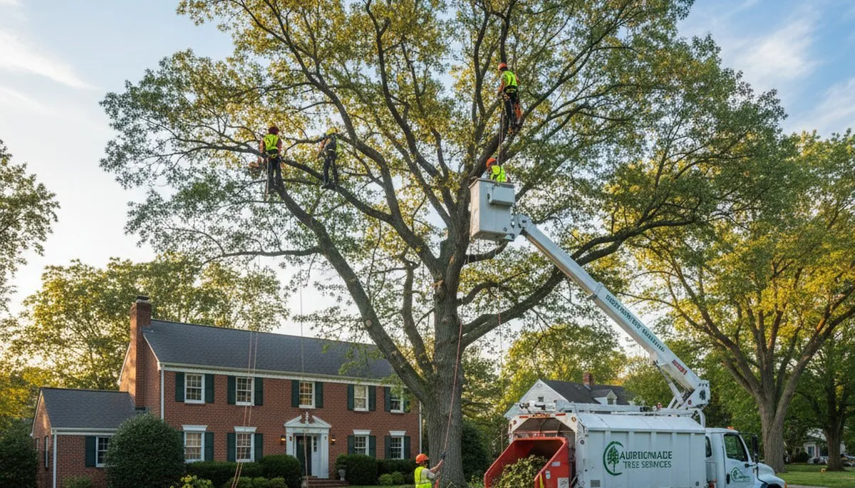 Professional tree removal service in Waltham MA safely cutting and clearing large oak tree