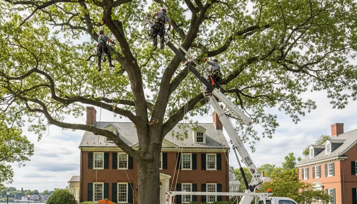 Professional tree removal service in Waltham MA safely clearing large oak trees