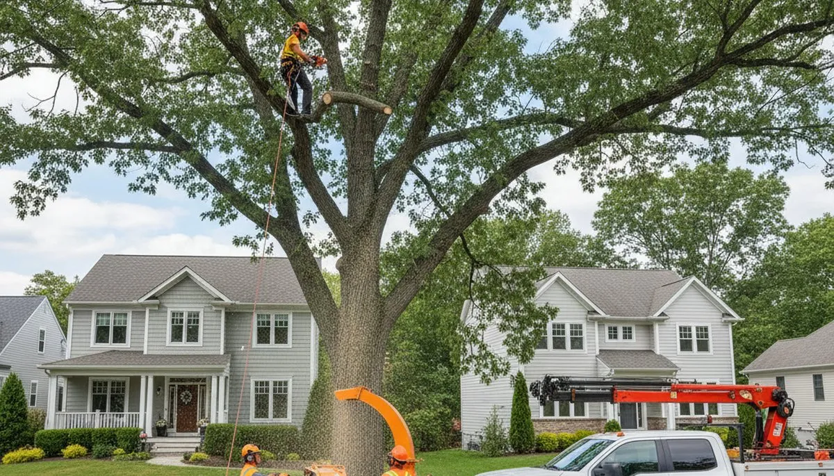 Professional tree removal service in Waltham MA safely clearing large oak tree
